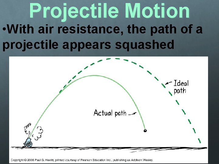 Projectile Motion • With air resistance, the path of a projectile appears squashed Projectile Motion • With air resistance, the path of a projectile appears squashed
