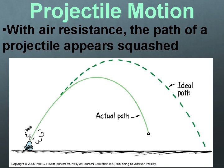 Projectile Motion • With air resistance, the path of a projectile appears squashed 