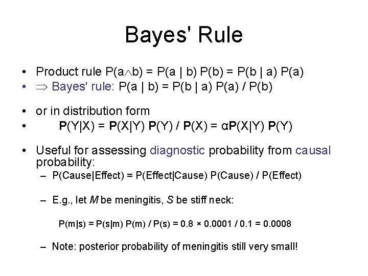 Bayes' Rule • Product rule P(a b) = P(a | b) P(b) = P(b