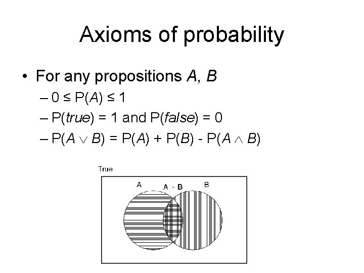 Axioms of probability • For any propositions A, B – 0 ≤ P(A) ≤