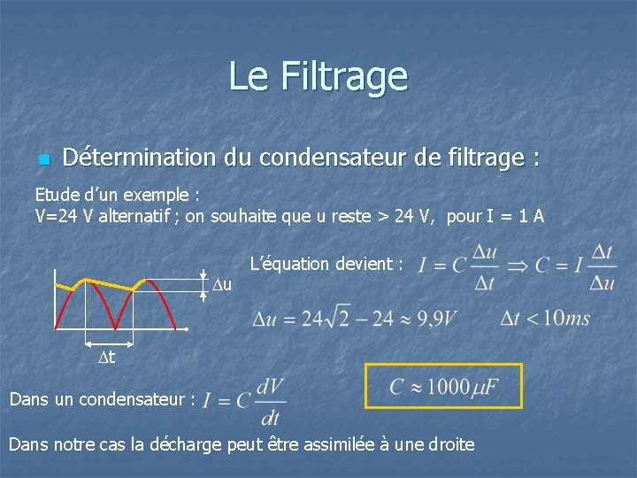 Le Filtrage n Détermination du condensateur de filtrage : Etude d’un exemple : V=24