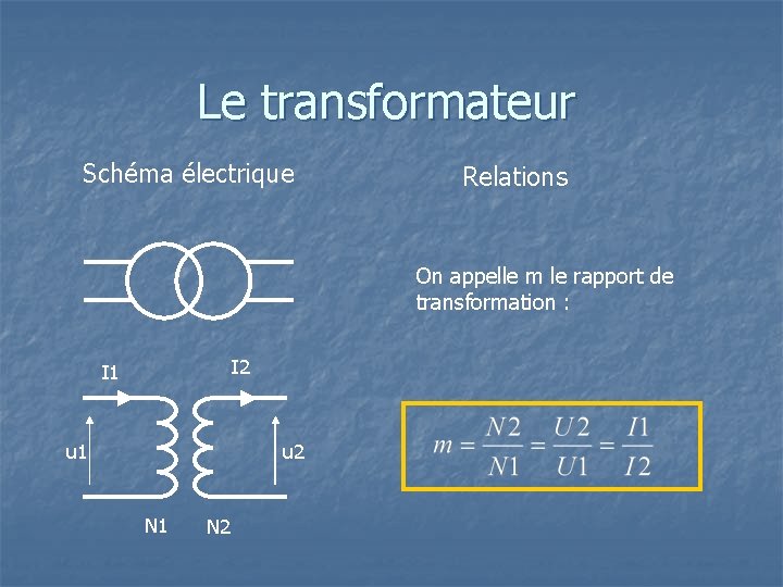 Le transformateur Schéma électrique Relations On appelle m le rapport de transformation : I
