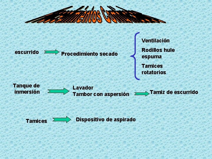 Ventilación escurrido Procedimiento secado Rodillos hule espuma Tamices rotatorios Tanque de inmersión Tamices Lavador