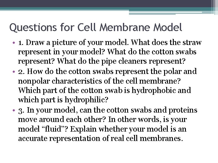 Questions for Cell Membrane Model • 1. Draw a picture of your model. What