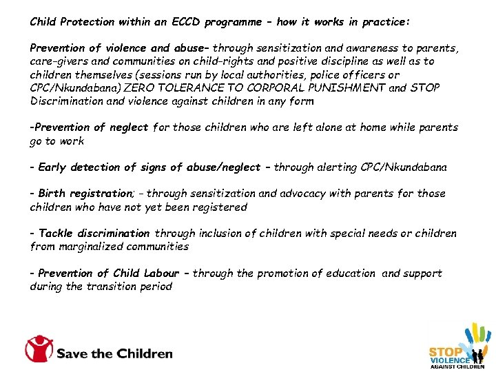 Child Protection within an ECCD programme – how it works in practice: Prevention of