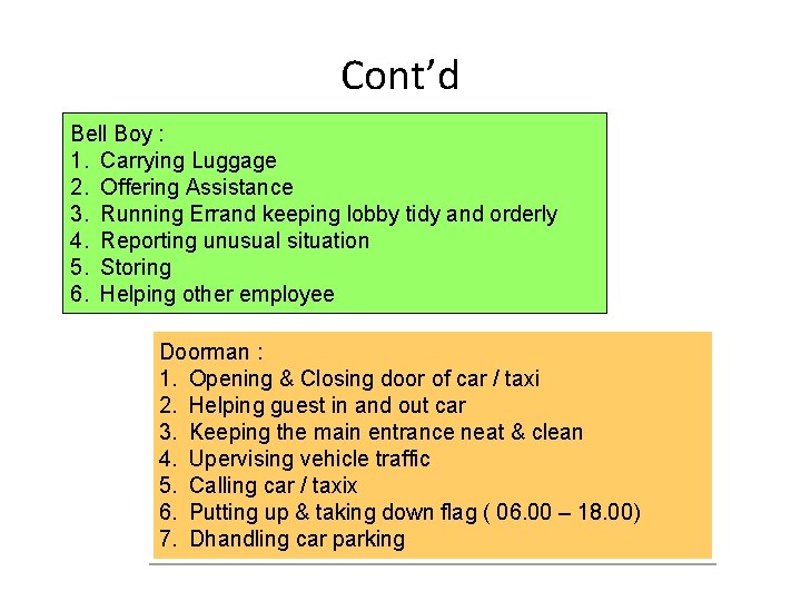Cont’d Bell Boy : 1. Carrying Luggage 2. Offering Assistance 3. Running Errand keeping
