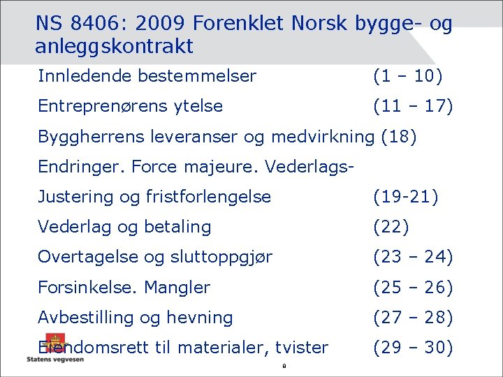 NS 8406: 2009 Forenklet Norsk bygge- og anleggskontrakt Innledende bestemmelser (1 – 10) Entreprenørens