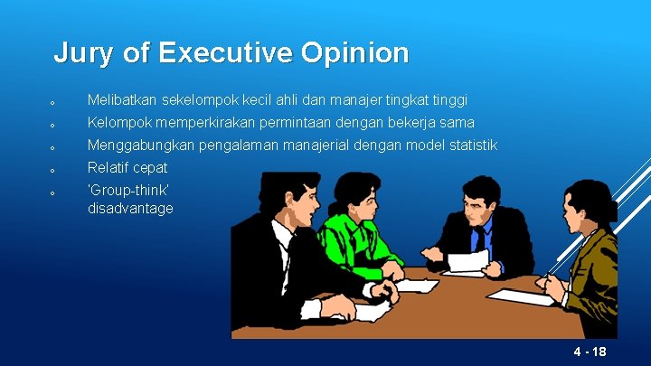 Jury of Executive Opinion o Melibatkan sekelompok kecil ahli dan manajer tingkat tinggi o
