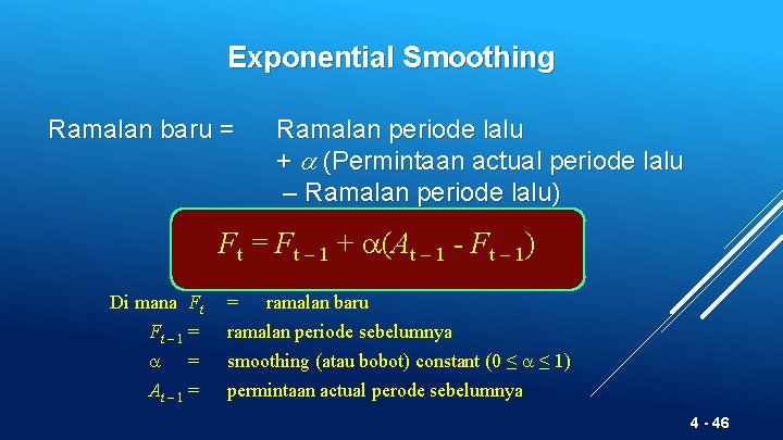 Exponential Smoothing Ramalan baru = Ramalan periode lalu + (Permintaan actual periode lalu –