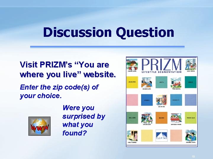 Discussion Question Visit PRIZM’s “You are where you live” website. Enter the zip code(s)