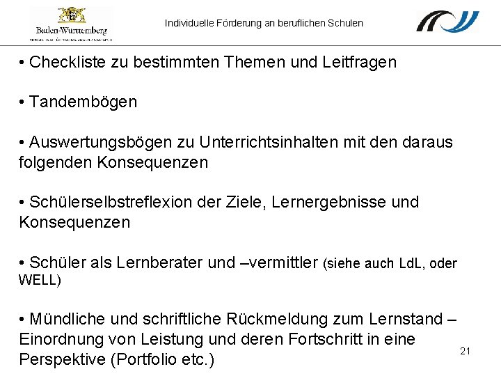 Individuelle Förderung an beruflichen Schulen • Checkliste zu bestimmten Themen und Leitfragen • Tandembögen