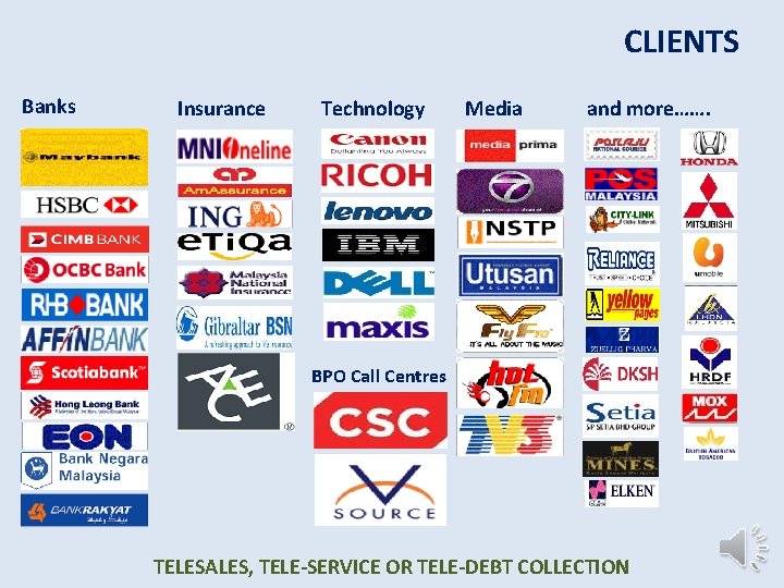 CLIENTS Banks Insurance Technology Media and more……. BPO Call Centres TELESALES, TELE-SERVICE OR TELE-DEBT