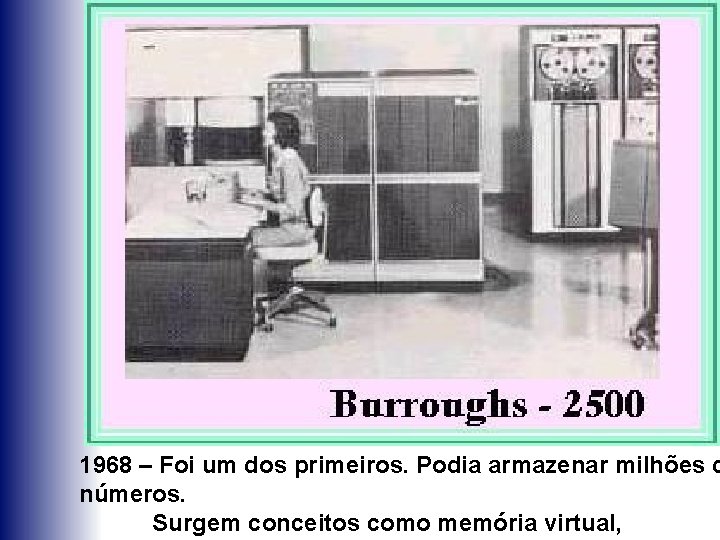 1968 – Foi um dos primeiros. Podia armazenar milhões d números. Surgem conceitos como