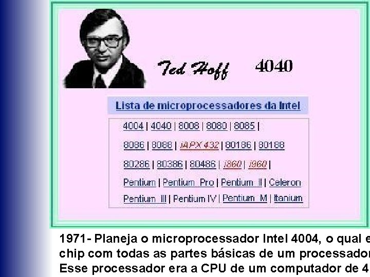 1971 - Planeja o microprocessador Intel 4004, o qual e chip com todas as