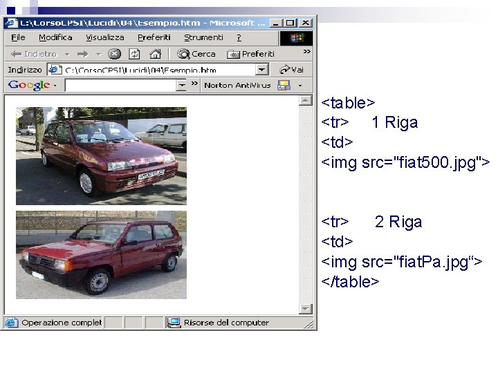 <table> <tr> 1 Riga <td> <img src="fiat 500. jpg"> <tr> 2 Riga <td> <img