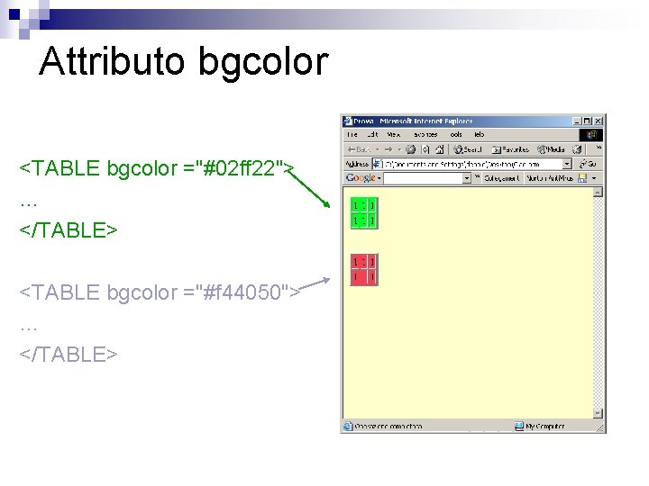 Attributo bgcolor <TABLE bgcolor ="#02 ff 22"> … </TABLE> <TABLE bgcolor ="#f 44050"> …