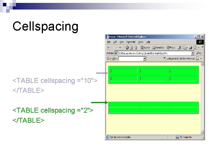 Cellspacing <TABLE cellspacing ="10"> </TABLE> <TABLE cellspacing ="2"> </TABLE> 