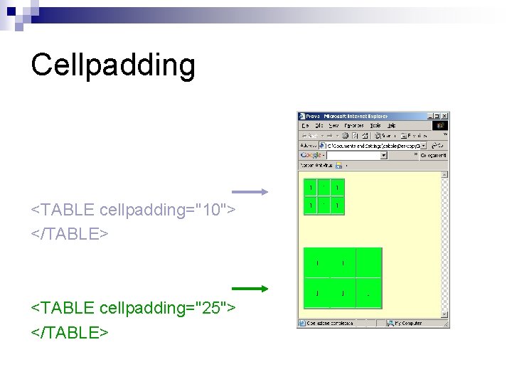 Cellpadding <TABLE cellpadding="10"> </TABLE> <TABLE cellpadding="25"> </TABLE> 