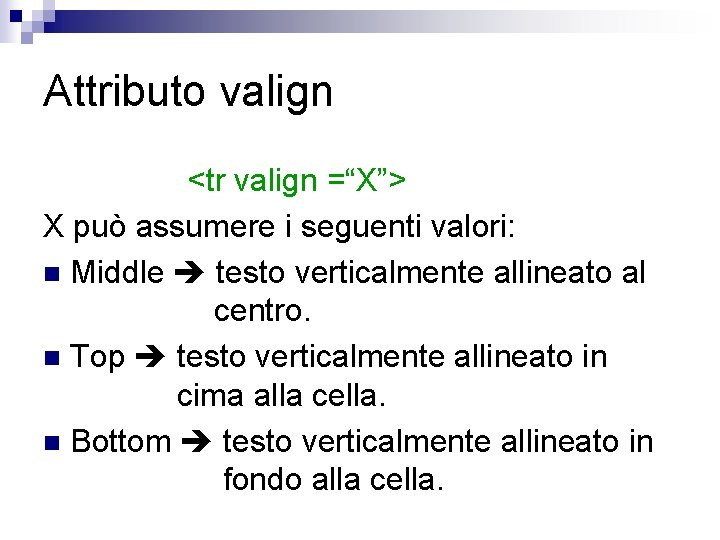 Attributo valign <tr valign =“X”> X può assumere i seguenti valori: n Middle testo