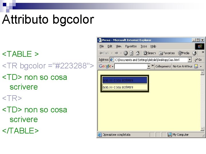 Attributo bgcolor <TABLE > <TR bgcolor ="#223288"> <TD> non so cosa scrivere <TR> <TD>