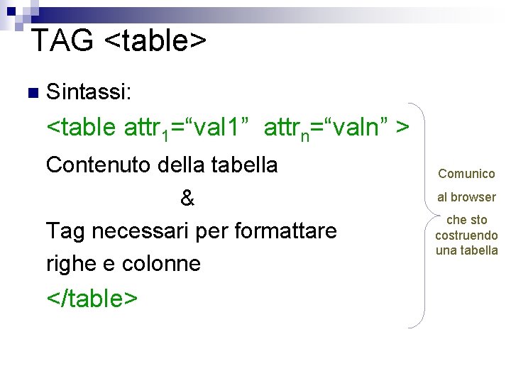 TAG <table> n Sintassi: <table attr 1=“val 1” attrn=“valn” > Contenuto della tabella &