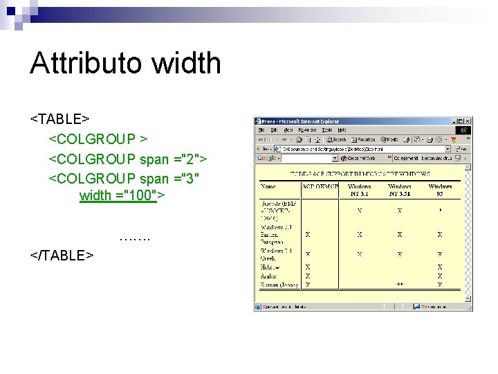 Attributo width <TABLE> <COLGROUP span ="2"> <COLGROUP span ="3" width ="100"> ……. </TABLE> 