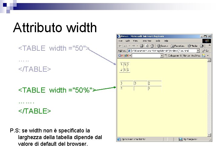 Attributo width <TABLE width ="50"> …. . </TABLE> <TABLE width ="50%"> ……. </TABLE> P.