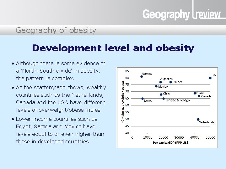 Obesity: a global health issue Geography of obesity Development level and obesity • Although