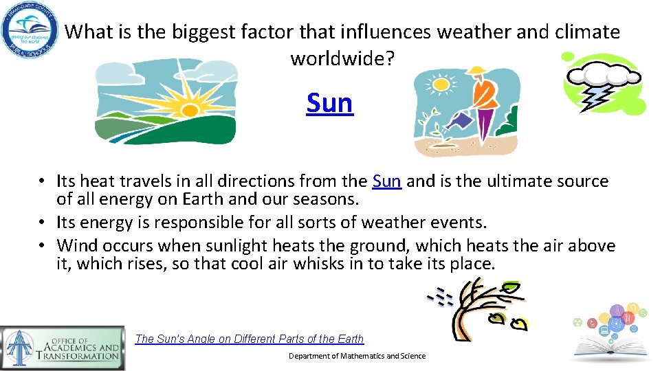 What is the biggest factor that influences weather and climate worldwide? Sun • Its