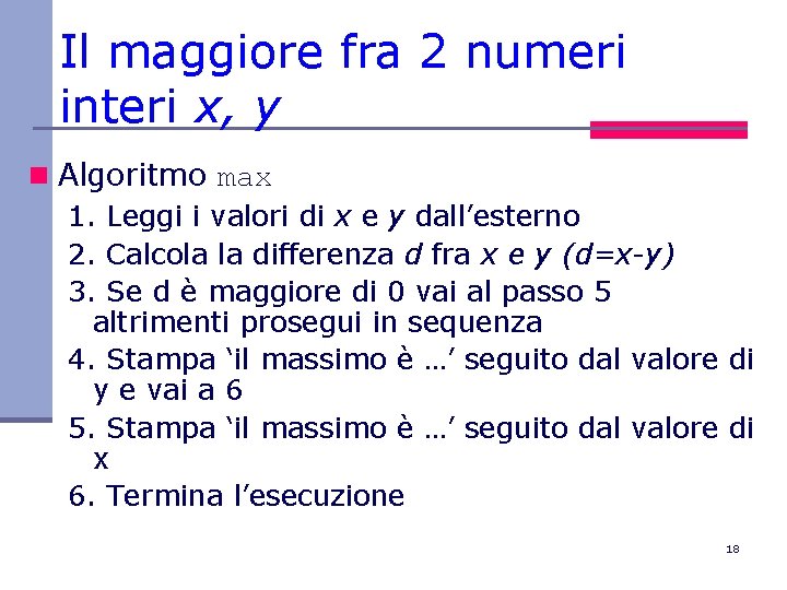 Il maggiore fra 2 numeri interi x, y n Algoritmo max 1. Leggi i