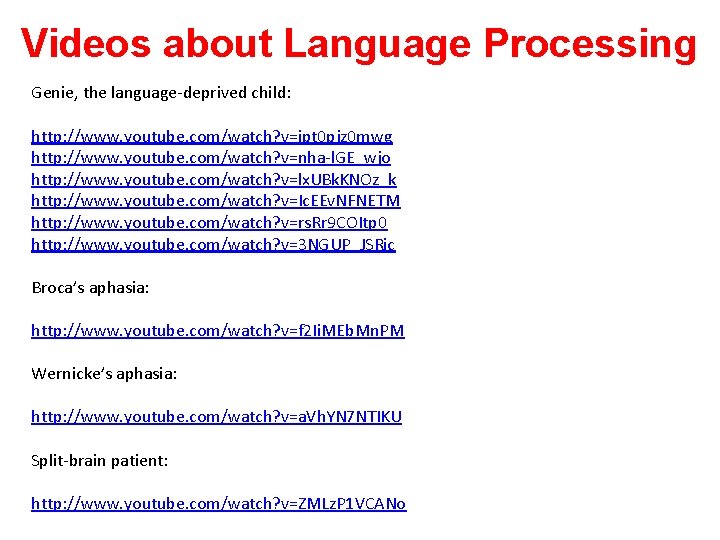 Videos about Language Processing Genie, the language-deprived child: http: //www. youtube. com/watch? v=ipt 0