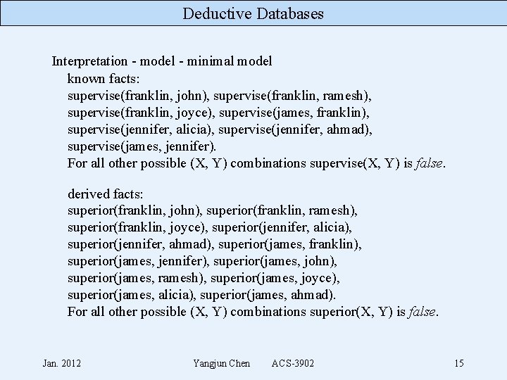 Deductive Databases Interpretation - model - minimal model known facts: supervise(franklin, john), supervise(franklin, ramesh),
