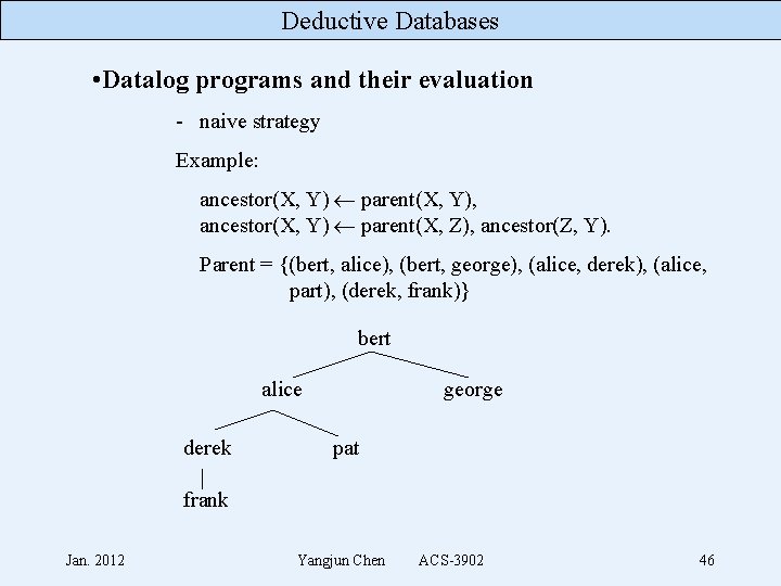 Deductive Databases • Datalog programs and their evaluation - naive strategy Example: ancestor(X, Y)