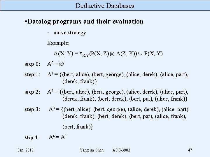 Deductive Databases • Datalog programs and their evaluation - naive strategy Example: A(X, Y)
