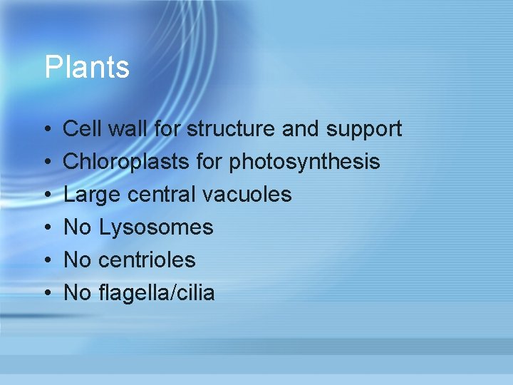 Plants • • • Cell wall for structure and support Chloroplasts for photosynthesis Large Plants • • • Cell wall for structure and support Chloroplasts for photosynthesis Large