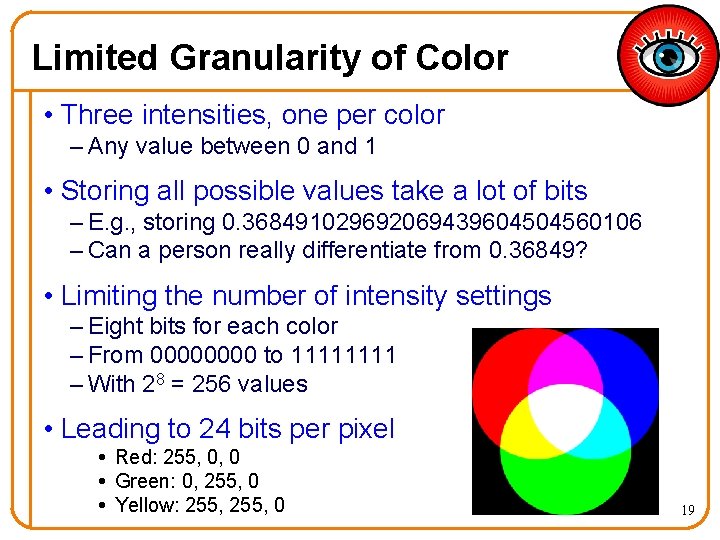 Limited Granularity of Color • Three intensities, one per color – Any value between