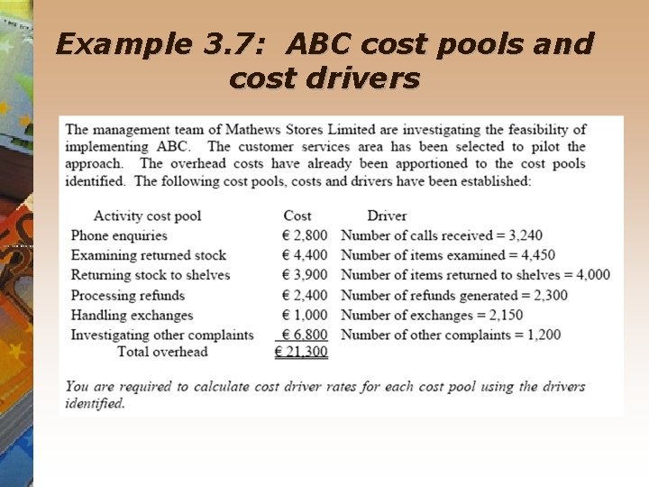 Example 3. 7: ABC cost pools and cost drivers 