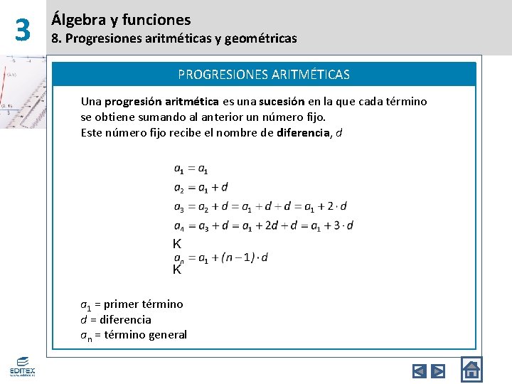 3 Álgebra y funciones 8. Progresiones aritméticas y geométricas PROGRESIONES ARITMÉTICAS Una progresión aritmética