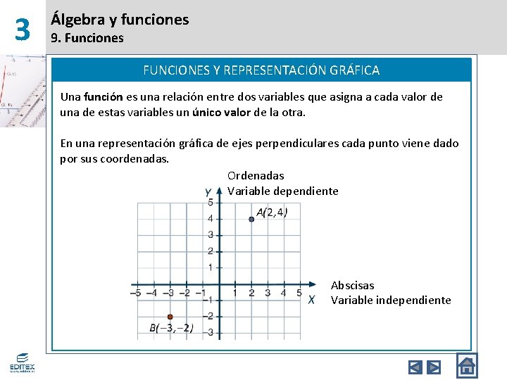 3 Álgebra y funciones 9. Funciones FUNCIONES Y REPRESENTACIÓN GRÁFICA Una función es una