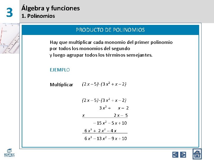 3 Álgebra y funciones 1. Polinomios PRODUCTO DE POLINOMIOS Hay que multiplicar cada monomio