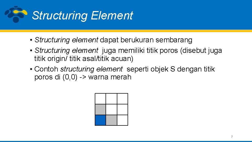 Structuring Element • Structuring element dapat berukuran sembarang • Structuring element juga memiliki titik