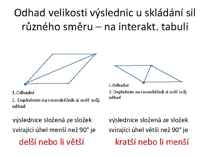 Odhad velikosti výslednic u skládání sil různého směru – na interakt. tabuli 1. Odhadni