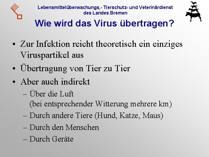 Lebensmittelüberwachungs, - Tierschutz- und Veterinärdienst des Landes Bremen Wie wird das Virus übertragen? •