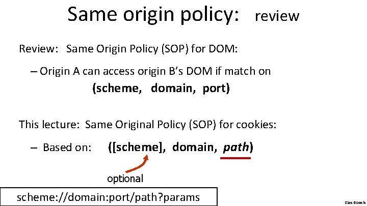 Same origin policy: review Review: Same Origin Policy (SOP) for DOM: – Origin A