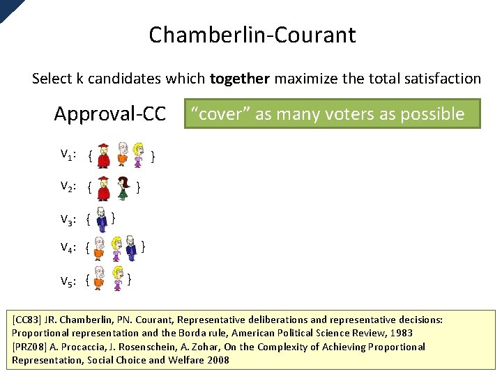 Chamberlin-Courant Select k candidates which together maximize the total satisfaction Approval-CC V 1: {