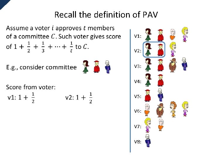 Recall the definition of PAV V 1: V 2: E. g. , consider committee