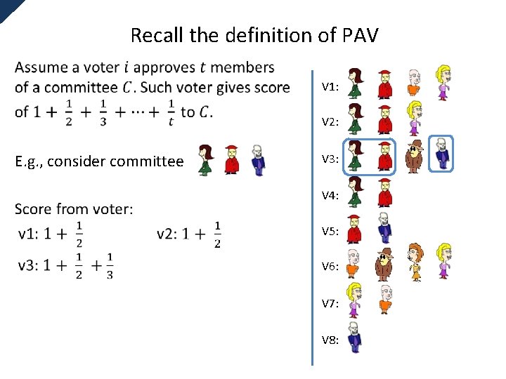 Recall the definition of PAV V 1: V 2: E. g. , consider committee