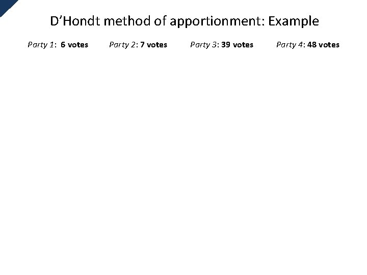 D’Hondt method of apportionment: Example Party 1: 6 votes Party 2: 7 votes Party