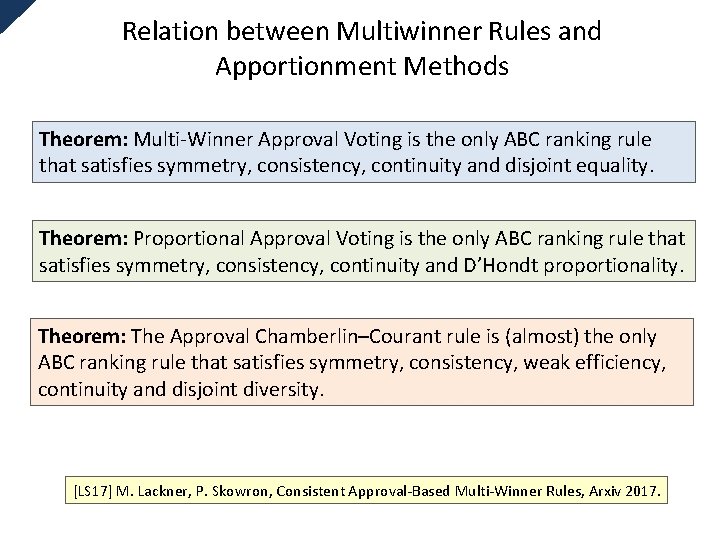 Relation between Multiwinner Rules and Apportionment Methods Theorem: Multi-Winner Approval Voting is the only