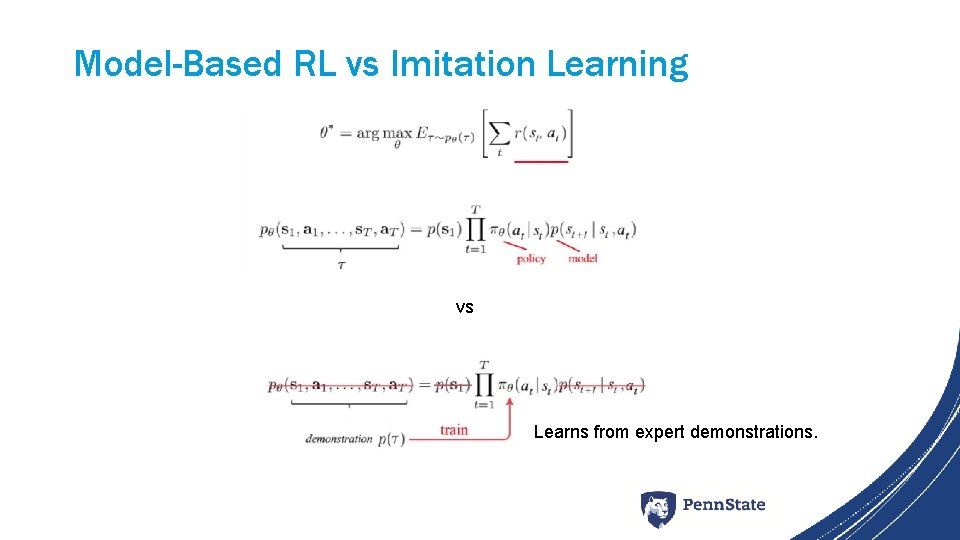 Model-Based RL vs Imitation Learning vs Learns from expert demonstrations. 